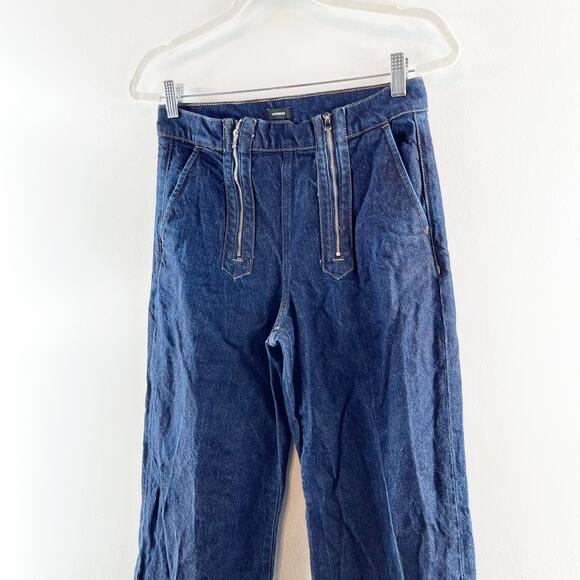 Express High Rise Wide Leg Exposed Double Zipper Dark Wash Jeans 4 Petite - Picture 8 of 12